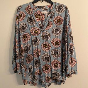 LOFT Blue Floral Bell Sleeve Top Sz L